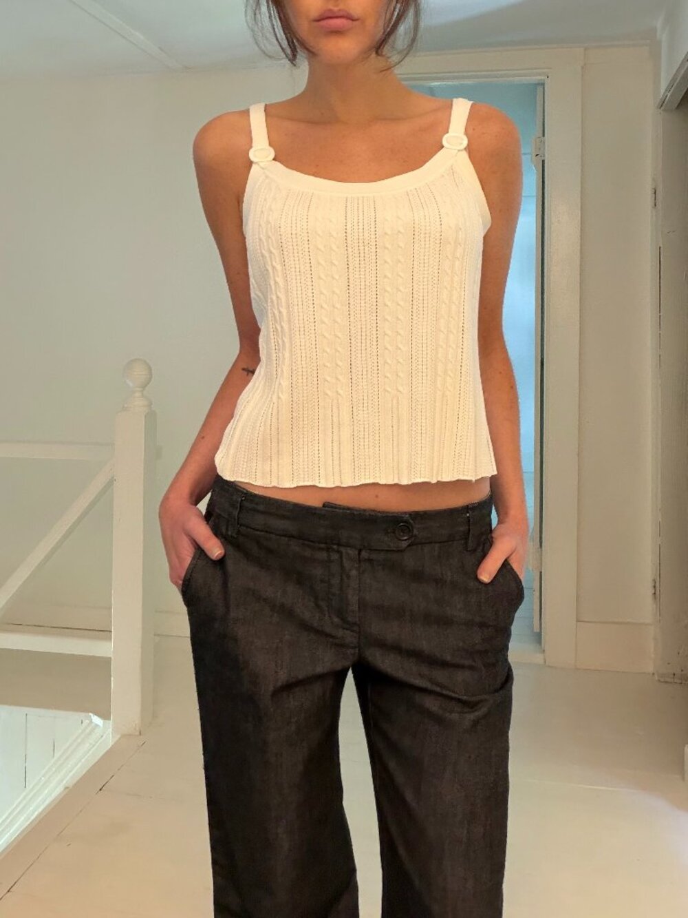 Sigrid Olsen Vintage Y2K Pointelle Knit Buckle Strap Tank Top Size PM White